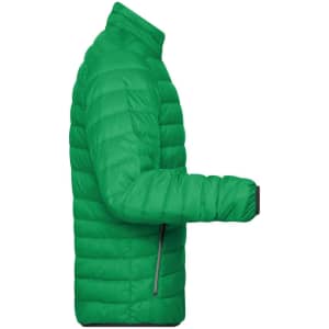A green men's down jacket with a quilted design and a side zipper. It features a high collar and elasticised cuffs.