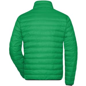 A green men's down jacket with a puffer design, featuring a high collar and a smooth, quilted texture.