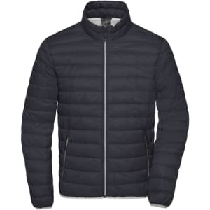 A dark navy puffer jacket with a high collar and zip closure, featuring side pockets and a smooth finish.