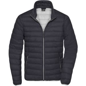 A men's down puffer jacket in dark grey, featuring a zip front and two side pockets. It has a logo on it.