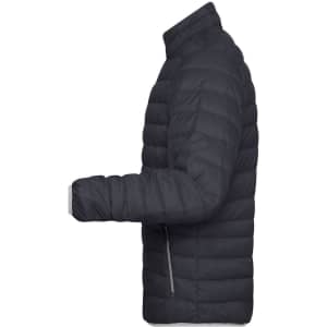 A men's puffer jacket in dark grey, featuring a zip closure and a sleek, padded design. It has a logo on the sleeve.