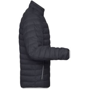 A men's puffer jacket in dark grey, featuring a zippered pocket and a sleek silhouette.