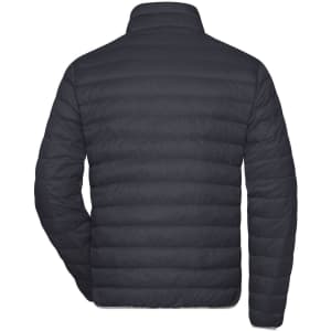 A men's down jacket in a dark colour, featuring a puffer design and a high collar. It has a logo on the back.