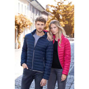 A navy blue and a pink puffer jacket displayed on two models in an outdoor setting. Both jackets have zippers and a logo.