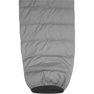 A men's puffer jacket in light grey, featuring a quilted design and a fitted hem at the bottom.
