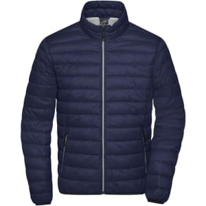 A men's down jacket in navy blue with a quilted design and zippered pockets. It features a stand-up collar and branding.