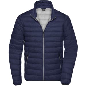 A men's puffer jacket in navy blue, featuring a zip front and two side pockets, with a contrasting inner lining.