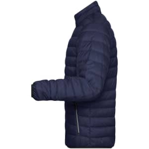 A navy blue men's down jacket with a puffer design, featuring a high collar and side zipper pocket.