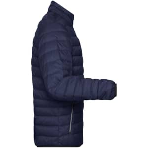 A navy men's down puffer jacket featuring a zippered pocket on the side and a high collar. It has a sleek, fitted design.