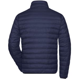 A navy men's down puffer jacket with a quilted design, featuring a high collar and no visible branding.