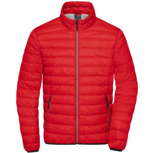 A bright red men's down jacket with a zip closure and side pockets, featuring a classic puffer design.