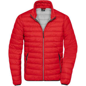 A red puffer jacket with a zip front, featuring side pockets and a collar. It has a logo on the chest.