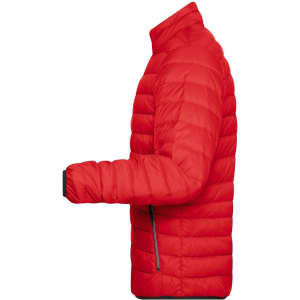 A red puffer jacket featuring a side view with a sleek design and a logo on the sleeve.