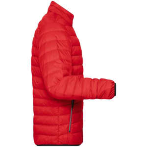 A red men's down jacket with a puffer design, featuring a side view and a zippered pocket.