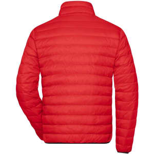 A red men's down jacket in a puffer style, featuring a smooth quilted design and a high collar at the back.