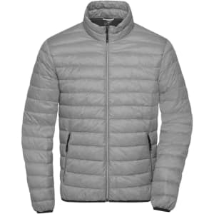A grey puffer jacket with a zip front and high collar, featuring side pockets and a simple logo.