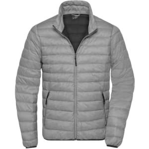 A grey puffer jacket featuring a zip front and side pockets, complete with a branded logo.