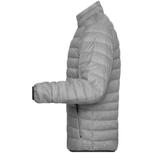 A grey men's down puffer jacket displayed from the side, with a sleek design and a logo on the sleeve.
