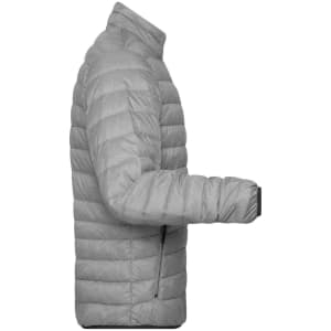 A light grey men's down puffer jacket featuring a zippered pocket and a fitted silhouette.
