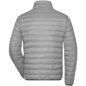 A light grey men's down puffer jacket with a quilted design and a high collar. It features a logo on the back.
