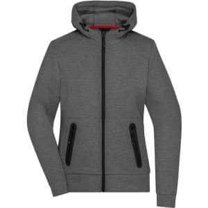 A grey ladies hooded jacket featuring a zip front and two black zippered pockets, with a contrasting red interior.
