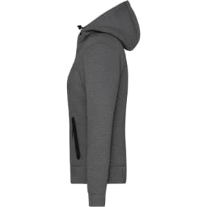 A ladies hooded jacket in grey, featuring a zip pocket and a standard hoodie design. Includes a logo on the front.