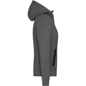 A grey ladies' hooded jacket featuring a zippered pocket and a logo.