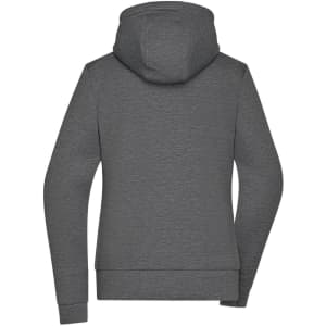 A grey ladies hooded jacket with a relaxed fit and a covered neckline, featuring a logo.