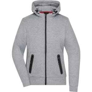 A hooded jacket in grey featuring front zipper pockets and drawstring hood. Includes branding on the design.
