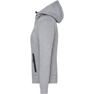 A grey ladies hooded jacket featuring a side zip pocket and a relaxed fit design. It has a hood for added comfort.