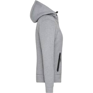 A grey ladies hooded jacket with a zippered pocket and a hood, featuring a logo on the front.