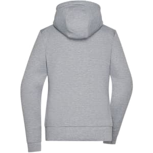 A grey ladies hooded jacket with a kangaroo pocket and long sleeves, featuring a logo on the back.