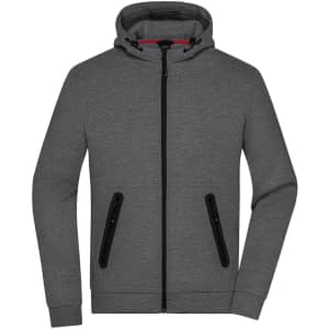 A grey men's hooded jacket with a zip front and black zippered pockets, featuring a red lining inside the hood.