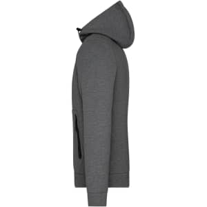 A grey men's hooded jacket with a zipper and side pockets, featuring a logo on the surface.