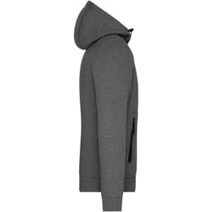 A men's hooded jacket in grey with a zipper and a side pocket. The design features a modern fit.