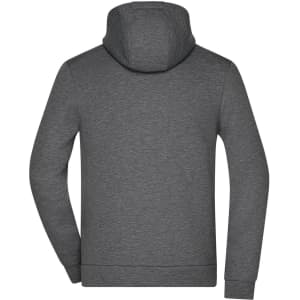 A grey hooded jacket with a solid back and a hood. Features long sleeves and a sleek design.