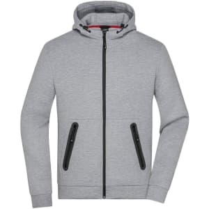 A grey men's hooded jacket with a full zip and two front zip pockets, featuring a logo.
