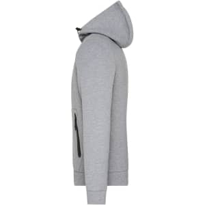 A grey men's hooded jacket with a front zip pocket and a simple design, featuring a logo on the side.