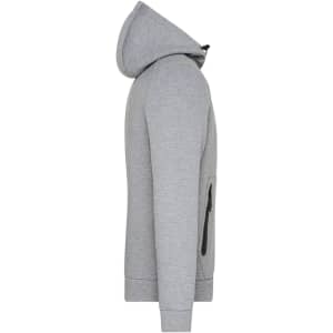 A grey hooded jacket featuring a zip pocket, showcasing a side view design.
