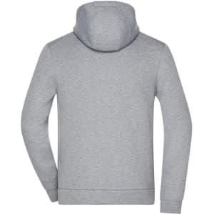 A grey men's hooded jacket with long sleeves and a back view, featuring a hood and a logo.