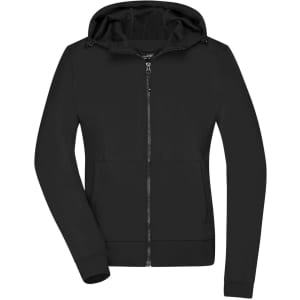 A ladies' hooded softshell jacket in black, featuring a full zipper and a hood, with side pockets and branding.