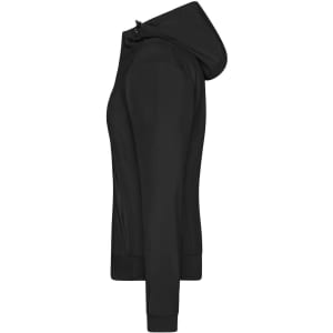 A black ladies hooded softshell jacket featuring a side view, with a zip and a logo on the fabric.