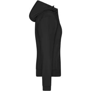 A black ladies hooded softshell jacket with a fitted design, featuring a zip and a hood. It includes a logo.