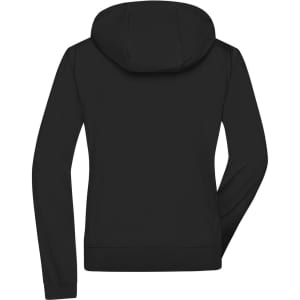 A black ladies hooded softshell jacket featuring a full back view and a hood, with a logo positioned on the design.