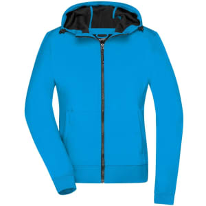 A ladies hooded softshell jacket in bright blue with a contrasting black interior and a logo.