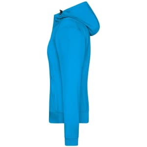 A bright blue ladies hooded softshell jacket with a zip-up front and a fitted design. It has a logo on the chest.