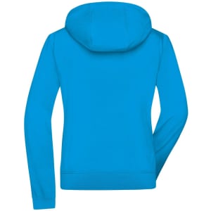 A bright blue ladies' hooded softshell jacket with a fitted design and sleeve detailing, featuring a logo.