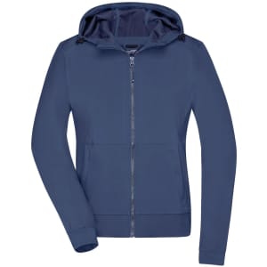 A navy blue ladies hooded softshell jacket with a zip front and side pockets, featuring a logo.