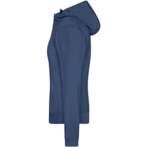 A ladies’ hooded softshell jacket in navy blue, featuring a zippered front and long sleeves. It has a logo on the chest.