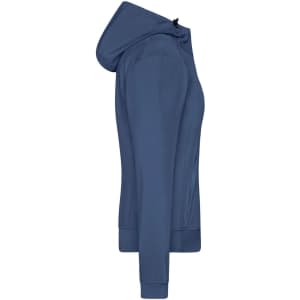 A ladies' hooded softshell jacket in navy blue, featuring a zip front and a logo on the side.
